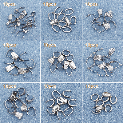 90Pcs 9 Style 304 Stainless Steel Pendant Pinch Bails STAS-UN0027-17-1