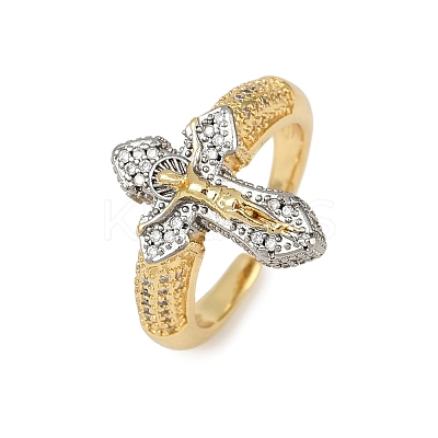 Crucifix Cross Brass Micro Pave Clear Cubic Zirconia Adjustable Cuff Rings LS-RJEW-Z104-01GP-1