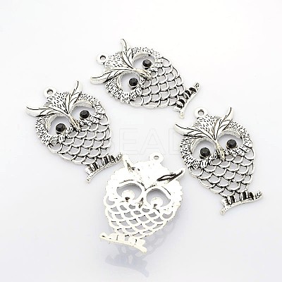 Antique Silver Plated Alloy Rhinestone Owl Big Pendants PALLOY-N0071-01-1