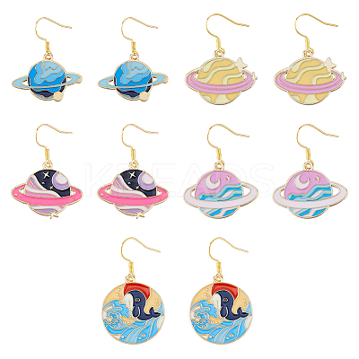 5 Pair 5 Style Golden Plated Alloy Enamel Planet Dangle Earrings with Iron Pins EJEW-AB00045-1
