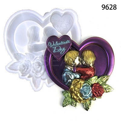 Valentine's Day Heart with Lovers & Flower DIY Wall Decoration Statue Silicone Molds DIY-G096-02-1