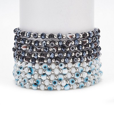 2Pcs 2 Color Lampwork Evil Eye & Glass Stretch Multi-strand Bracelets Set BJEW-JB08785-1