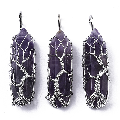 Natural Amethyst Big Wire Wrapped Pointed Pendants G-T133-P02C-1