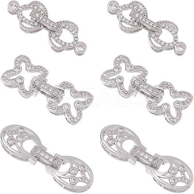 6Pcs 3 Styles Rack Plating Brass Micro Pave Clear Cubic Zirconia Fold Over Clasps KK-HS0001-01P-1