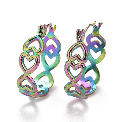 Ion Plating(IP) Rainbow Color Hollow Heart 304 Stainless Steel Hoop Earrings for Women STAS-A057-11MC-1