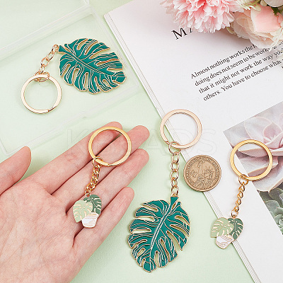 4Pcs 2 Style Monstera Leaf Alloy Enamel Pendant Keychain KEYC-CP0001-18-1