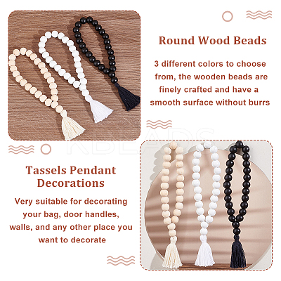 6Pcs 3 Colors Wood Tassels Pendant Decorations HJEW-OC00016-1