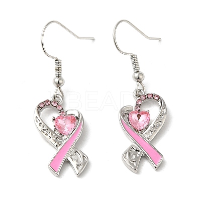 October Breast Cancer Pink Awareness Ribbon Alloy Dangle Earrings with Rhinestone EJEW-Z027-01P-1