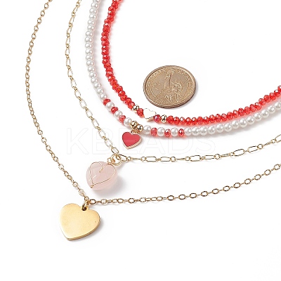 4Pcs 4 Style Natural Rose Quartz & 304 Stainless Steel & Alloy Enamel Pendant Necklaces Set NJEW-JN04069-1