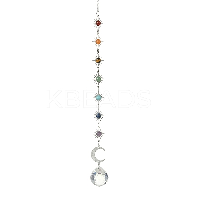Chakra Natural Gemstone Beads & Brass Sun Moon Hanging Suncatchers HJEW-JM04995-02-1