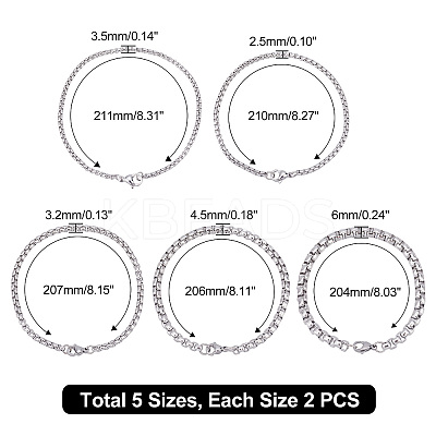 10Pcs 5 Styles 304 Stainless Steel Box Chain Bracelets BJEW-UN0001-18-1