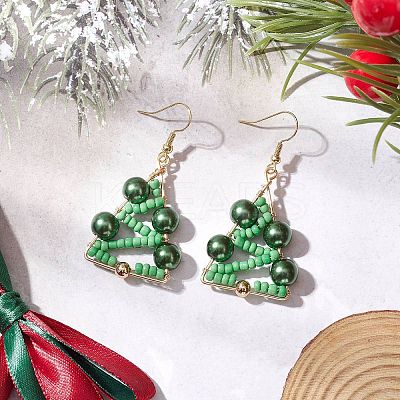 Christmas Tree Glass Pearl & Glass Seed Dangle Earrings EJEW-TA00720-1