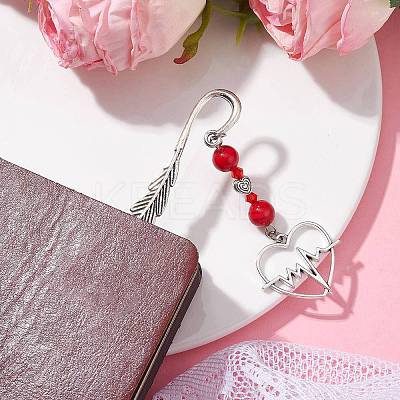 Valentine's Day Alloy Heart Pendant Bookmarks AJEW-JK00270-02-1