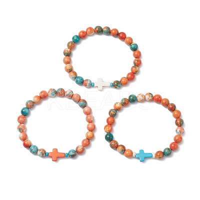 3Pcs 3 Colors Dyed Synthetic Ocean White Jade & Turquoise Beaded Stretch Bracelets for Men Women BJEW-JB12372-1
