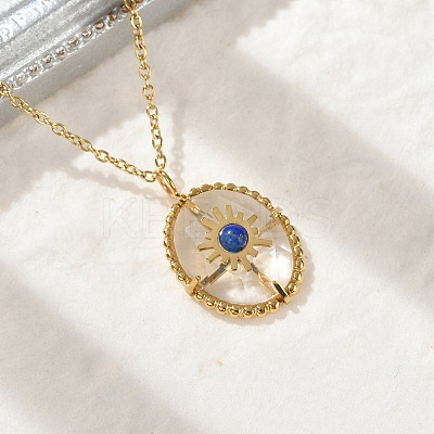 304 Stainless Steel Pave Natural Lapis Lazuli Oval with Star Pendant Necklaces for Women NJEW-Z055-05G-1