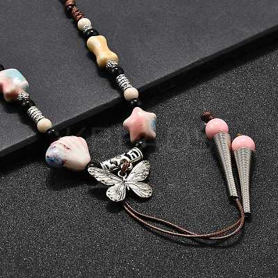 Ethnic Style Alloy & Porcelain Ceramic Beads Butterfly Pendant Tassel Y Necklaces LS-NJEW-D308-01C-1