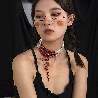 Retro Gothic Acrylic and Imitation Pearl Bloody Round Beaded Milti-strand Choker Necklaces for Women FS-WGACA63-01-1