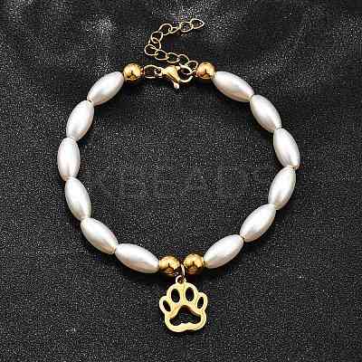 304 Stainless Steel Paw Print Charm Bracelets for Women BJEW-C098-12G-1