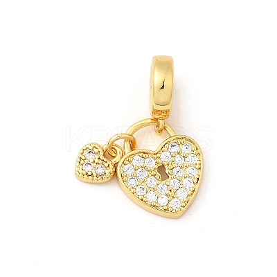 Brass Micro Pave Clear Cubic Zirconia Heart Lock European Dangle Charms KK-I359-08G-1