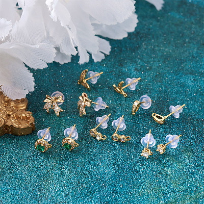 12Pcs 6 Style Brass Micro Pave Cubic Zirconia Stud Earring Findings KK-FW0001-10-1