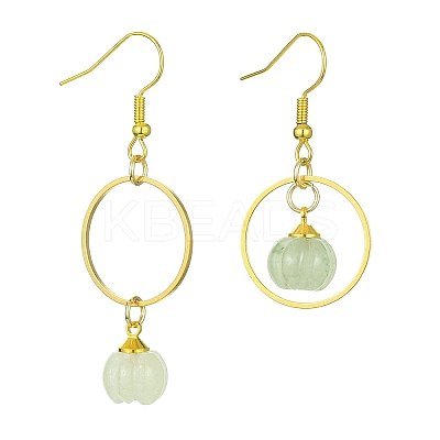 Natural Green Aventurine Pumpkin with Ring Dangle Earrings EJEW-JE05509-03-1