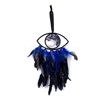 Handmade Eye & Tree of Life Woven Net/Web with Feather Wall Hanging Decoration HJEW-K035-06-1