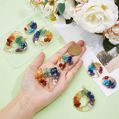 8Pcs 4 Styles 7 Chakra Gemstone Copper Wire Wrapped Chips Pendants G-HY0001-41-1