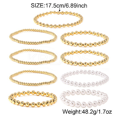 9Pcs Brass & Plastic Imitation Pearl Round Beads Stretch Bracelets for Women QZ7460-1-1