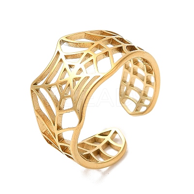 Ion Plating(IP) 304 Stainless Steel Hollow Spider Web Open Cuff Ring for Women RJEW-M149-25G-1