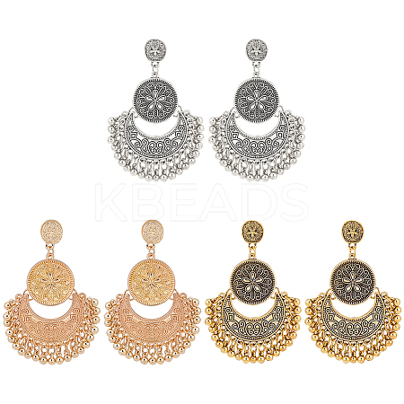3 Pairs 3Colors Alloy Moon with Flower Chandelier Earrings EJEW-AN0003-88-1