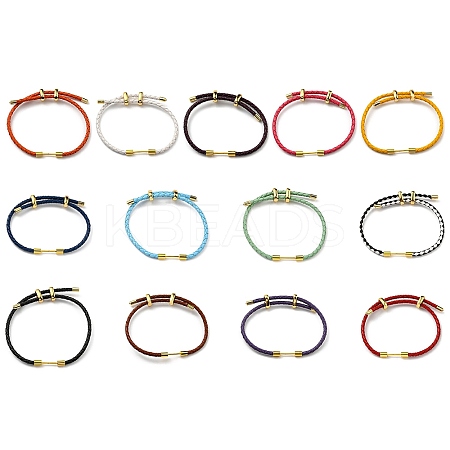 Brass Column Bar Link Bracelet with Leather Cords BJEW-G675-05G-1