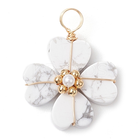 Natural Howlite Clover Pendants PALLOY-JF03180-01-1
