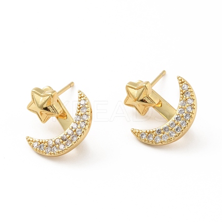 Clear Cubic Zirconia Moon and Star Front Back Stud Earrings EJEW-B013-16-1