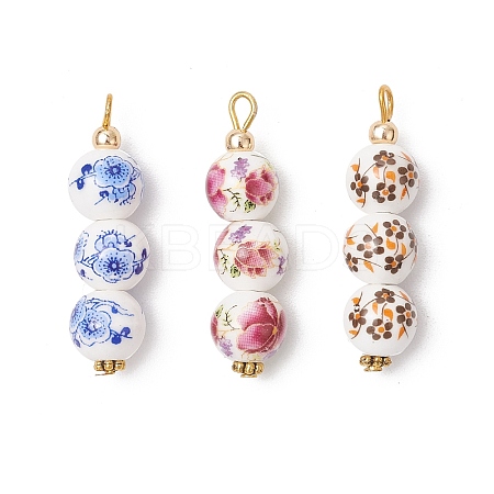 3Pcs Handmade Flower Printed Porcelain Ceramic Pendants PALLOY-JF03974-1