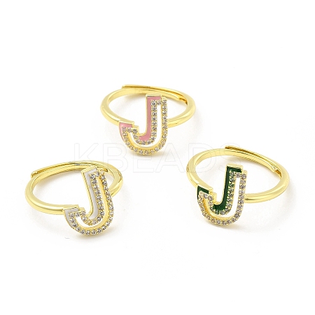 Mixed Color Enamel Initial Letter Adjustable Ring with Clear Cubic Zirconia RJEW-P045-01G-J-1