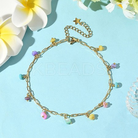 Dyed Natural Freshwater Shell Colorful Rondelle Tassel Brass Paperclip Chain Anklets for Women AJEW-AN00719-1