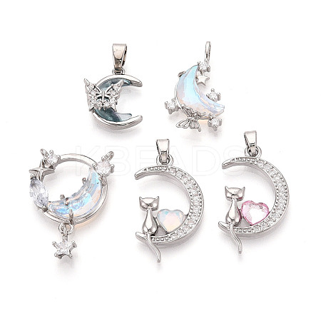 Brass Micro Pave Cubic Zirconia and Glass Pendants KK-T072-61P-1