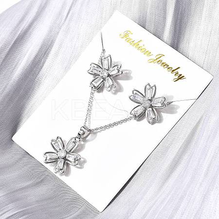 Flower Brass Micro Pave Cubic Zirconia Stud Earrings & Pendant Necklaces Sets SJEW-Z002-02P-1