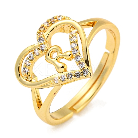 Heart with Letter Rack Plating Brass Micro Pave Clear Cubic Zirconia Adjustable Rings for Women RJEW-I105-01G-R-1