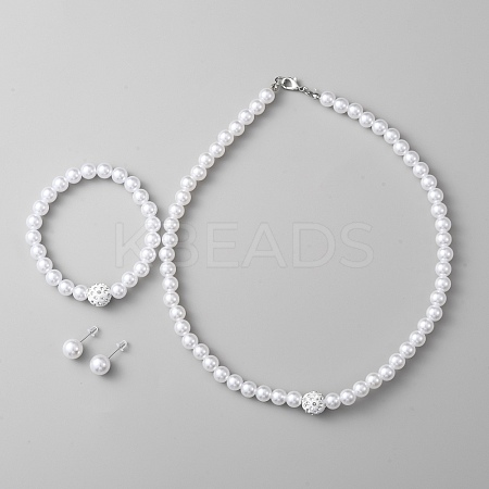 Imitation Pearl Plastic & Resin Round Beaded Necklace & Stretch Bracelet & Stud Earrings SJEW-WH0002-04-1