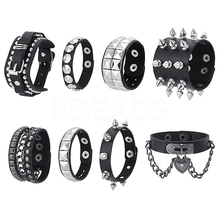 8Pcs 8 Styles PU Leather Cord Rivets Bracelets for Men BJEW-UN0001-61-1