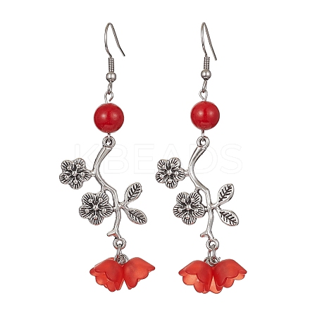 Natural Dyed Mashan Jade Flower with Acrylic Beaded Dangle Earrings EJEW-JE05419-02-1