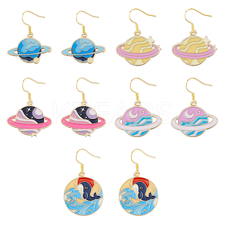 5 Pair 5 Style Golden Plated Alloy Enamel Planet Dangle Earrings with Iron Pins EJEW-AB00045-1
