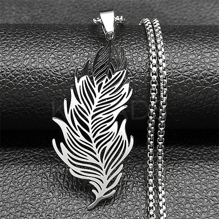 201 Stainless Steel Feather Pendant Necklaces LS-NJEW-K283-12P-1