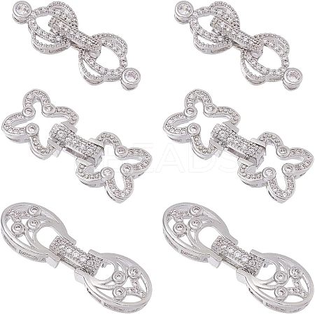 6Pcs 3 Styles Rack Plating Brass Micro Pave Clear Cubic Zirconia Fold Over Clasps KK-HS0001-01P-1