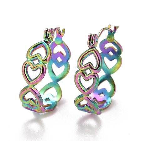 Ion Plating(IP) Rainbow Color Hollow Heart 304 Stainless Steel Hoop Earrings for Women STAS-A057-11MC-1
