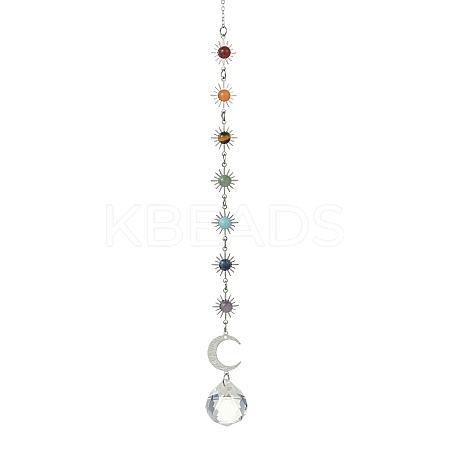Chakra Natural Gemstone Beads & Brass Sun Moon Hanging Suncatchers HJEW-JM04995-02-1