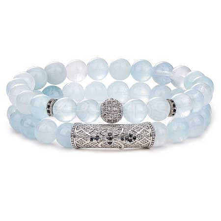 2Pcs 2 Style Natural Aquamarine Stretch Bracelets Set BJEW-SW00094-1