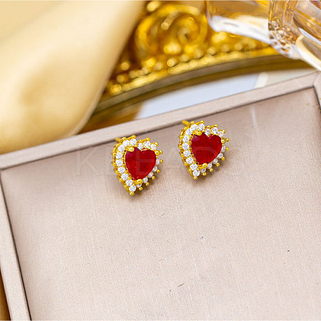Heart Brass Micro Pave Cubic Zirconia Stud Earrings EJEW-K325-02G-1