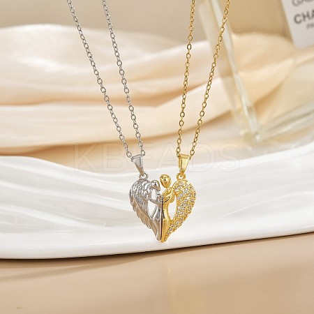 2Pcs Brass Micro Pave Clear Cubic Zirconia Magnetic Pendant Necklaces with 304 Stainless Steel Cable Chain WG04DA7-05-1
